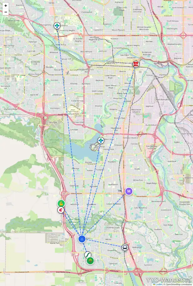 Daily accessibility map for 76 EVERHOLLOW CR SW, Calgary showing nearby schools, grocery stores, parks, LRT stations and nearby amenities