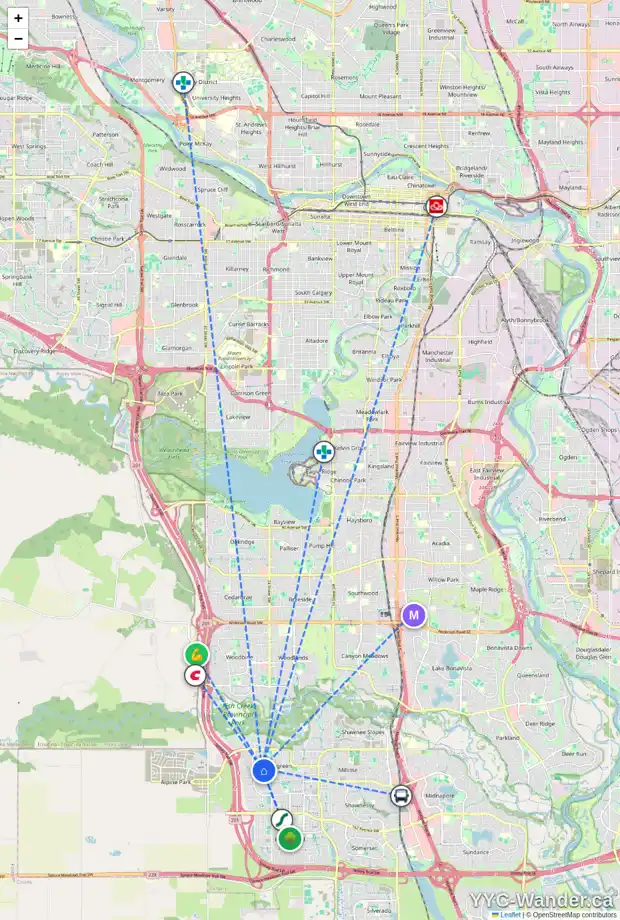 Daily accessibility map for 83 EVERHOLLOW CR SW, Calgary showing nearby schools, grocery stores, parks, LRT stations and nearby amenities