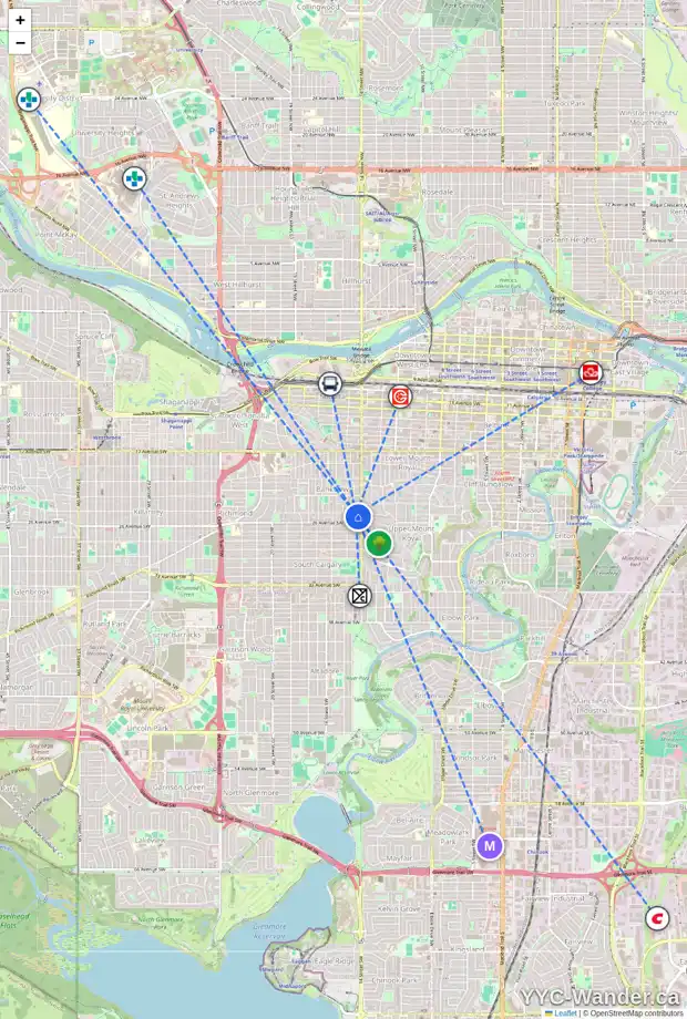 Daily accessibility map for 201 2602 14A ST SW, Calgary showing nearby schools, grocery stores, parks, LRT stations and nearby amenities