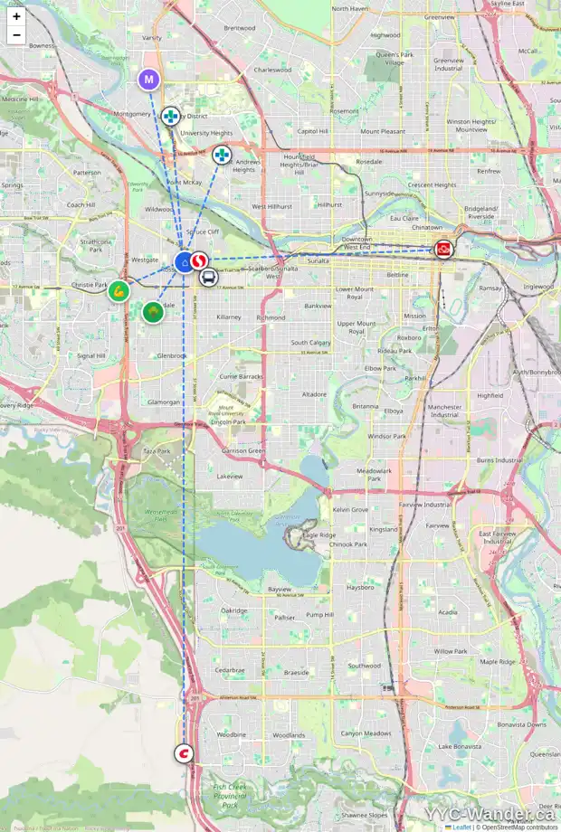 Daily accessibility map for 942 40 ST SW, Calgary showing nearby schools, grocery stores, parks, LRT stations and nearby amenities