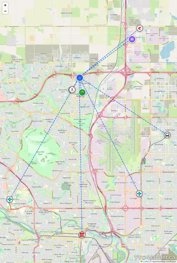 Daily accessibility map for 105 COVEBROOK BA NE, Calgary showing nearby schools, grocery stores, parks, LRT stations and nearby amenities