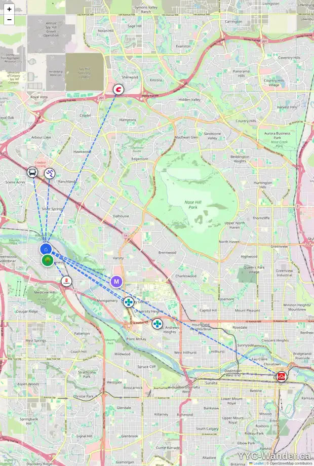 Daily accessibility map for 7909 47 AV NW, Calgary showing nearby schools, grocery stores, parks, LRT stations and nearby amenities