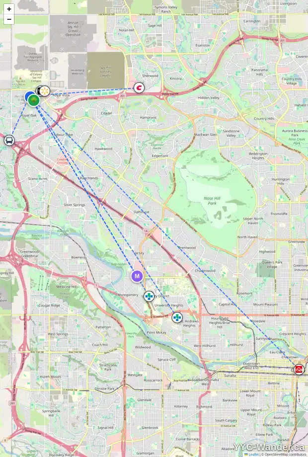 Daily accessibility map for 141 ROYAL OAK BA NW, Calgary showing nearby schools, grocery stores, parks, LRT stations and nearby amenities