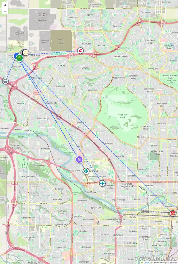 Daily accessibility map for 153 ROYAL OAK BA NW, Calgary showing nearby schools, grocery stores, parks, LRT stations and nearby amenities