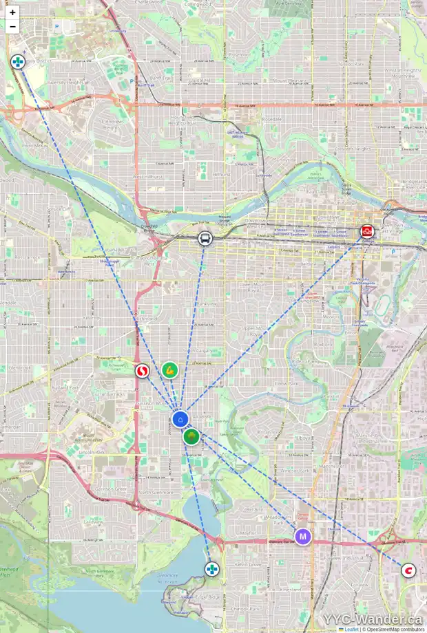 Daily accessibility map for 2009 43 AV SW, Calgary showing nearby schools, grocery stores, parks, LRT stations and nearby amenities