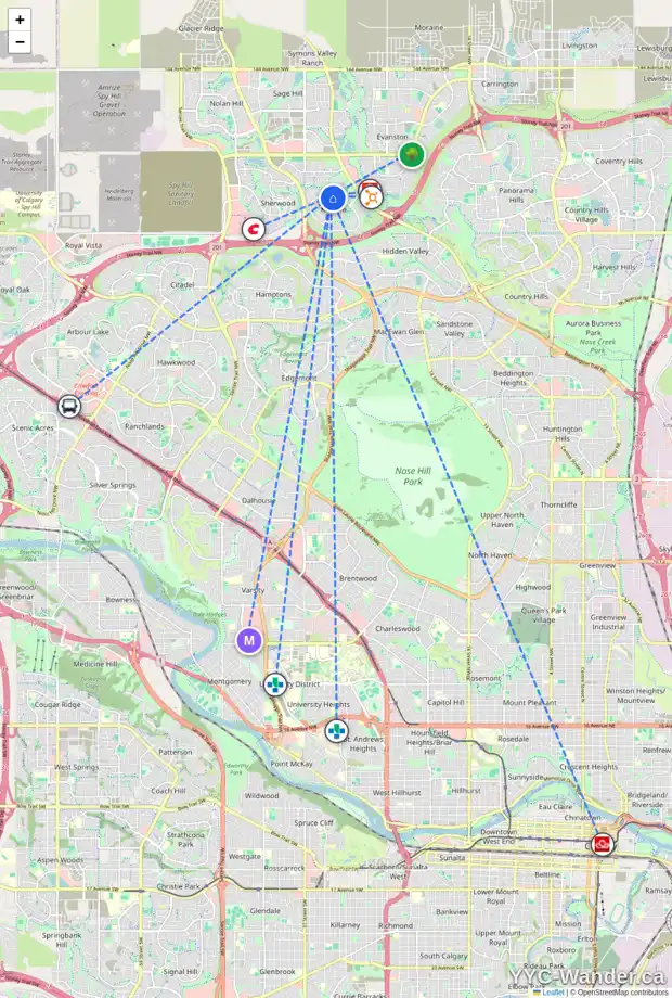 Daily accessibility map for 1053 KINCORA DR NW, Calgary showing nearby schools, grocery stores, parks, LRT stations and nearby amenities