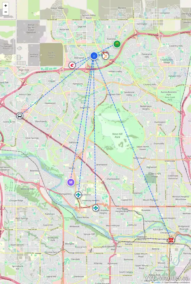 Daily accessibility map for 1040 KINCORA DR NW, Calgary showing nearby schools, grocery stores, parks, LRT stations and nearby amenities
