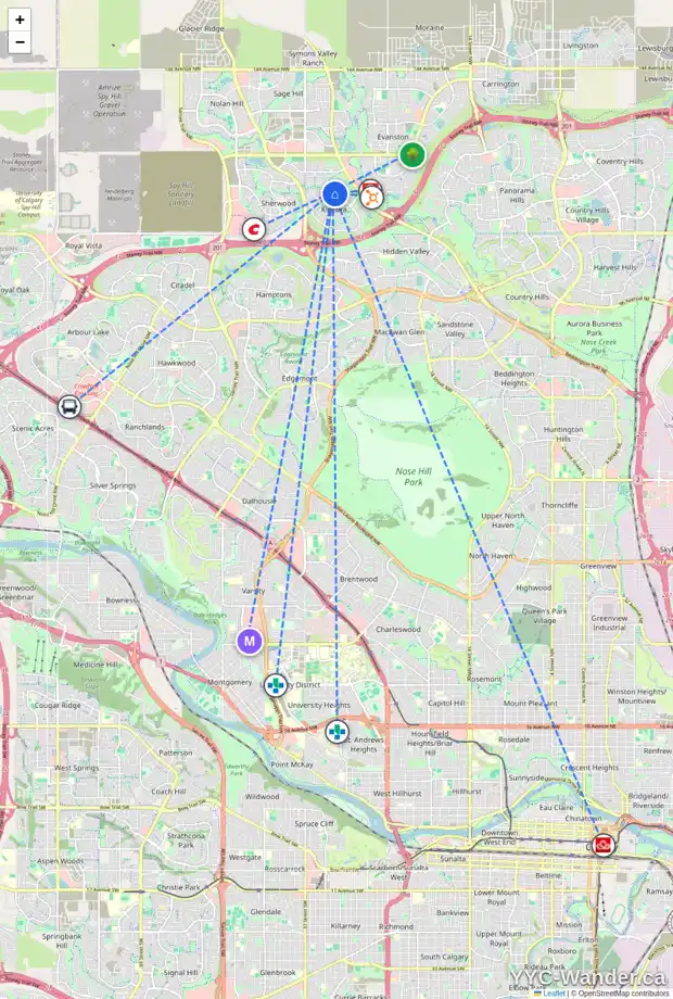 Daily accessibility map for 10 KINCORA GD NW, Calgary showing nearby schools, grocery stores, parks, LRT stations and nearby amenities
