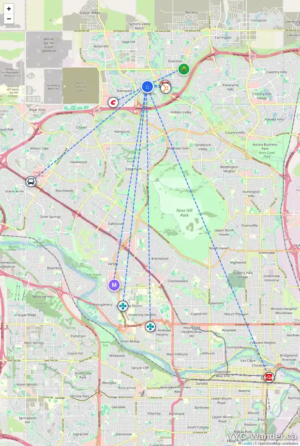 Daily accessibility map for 57 KINCORA GD NW, Calgary showing nearby schools, grocery stores, parks, LRT stations and nearby amenities