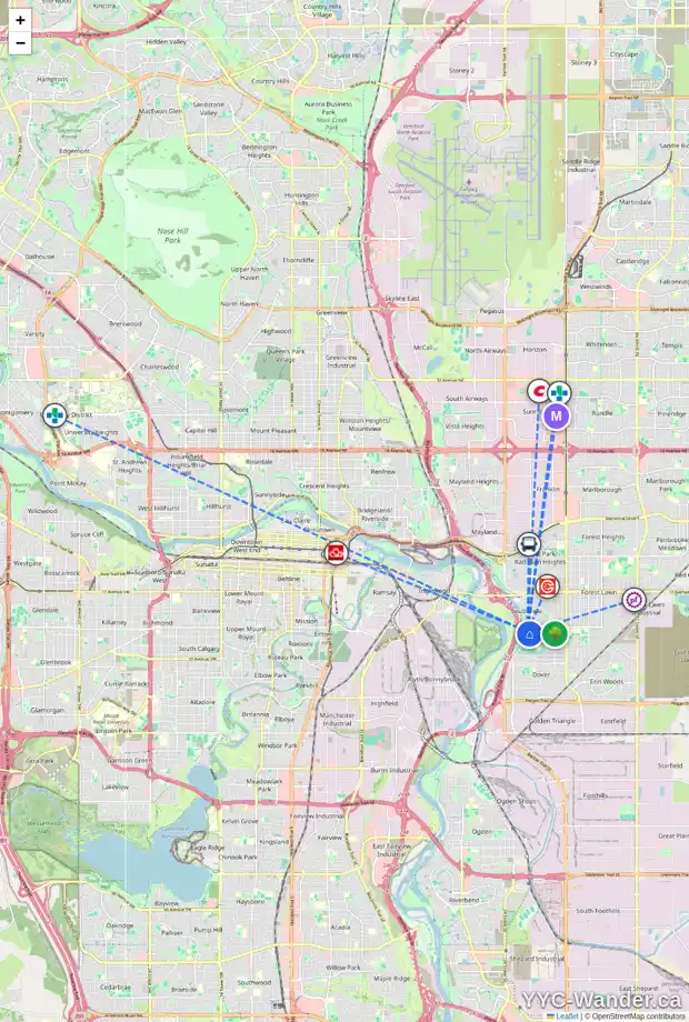 Daily accessibility map for 82 DOVER ME SE, Calgary showing nearby schools, grocery stores, parks, LRT stations and nearby amenities