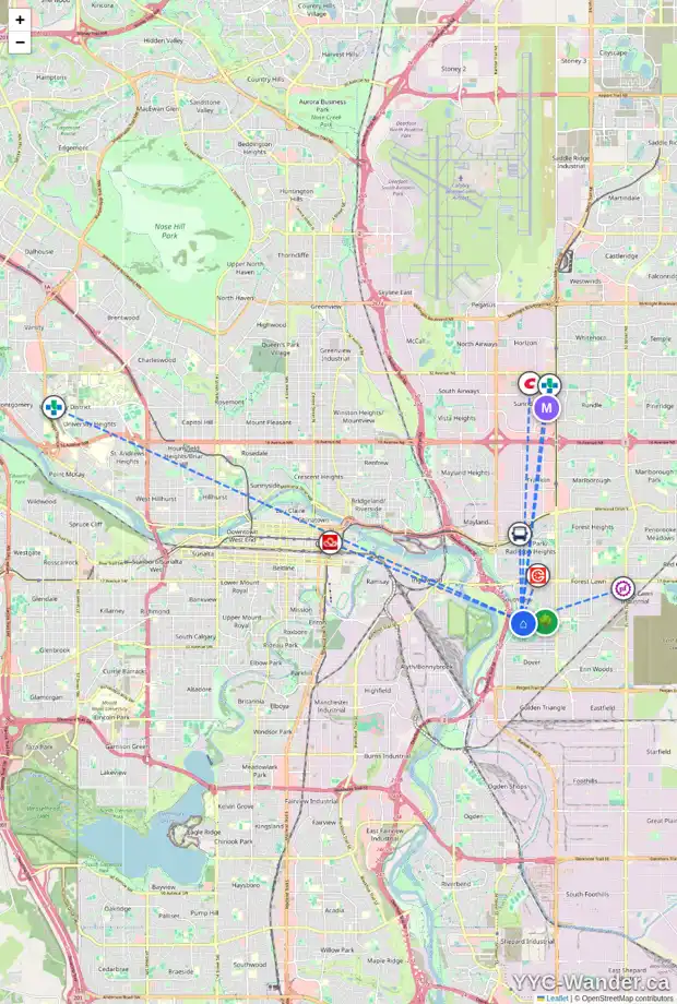 Daily accessibility map for 45 DOVER ME SE, Calgary showing nearby schools, grocery stores, parks, LRT stations and nearby amenities