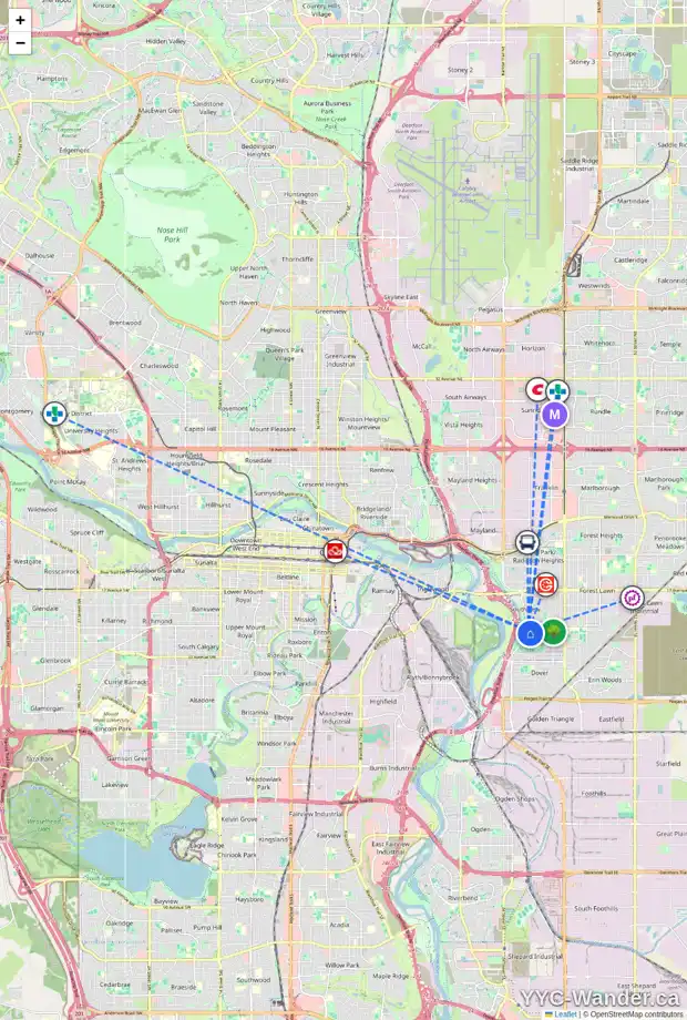 Daily accessibility map for 57 DOVER ME SE, Calgary showing nearby schools, grocery stores, parks, LRT stations and nearby amenities