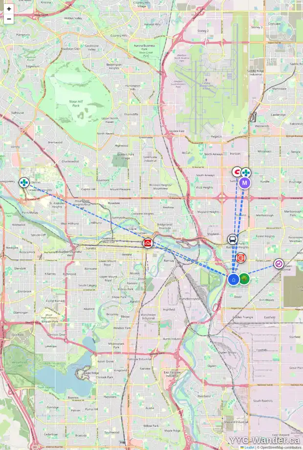 Daily accessibility map for 69 DOVER ME SE, Calgary showing nearby schools, grocery stores, parks, LRT stations and nearby amenities