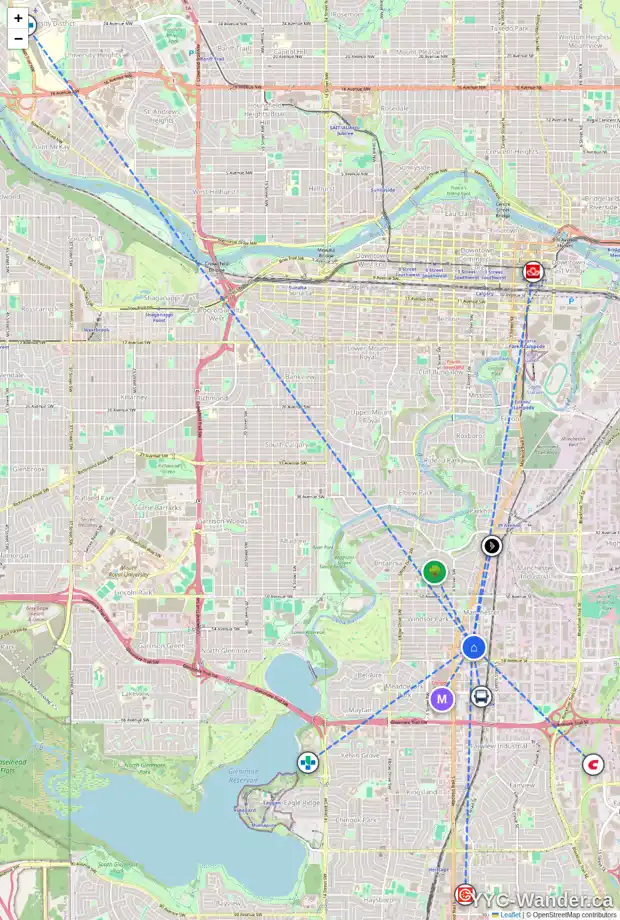 Daily accessibility map for 310 5720 2 ST SW, Calgary showing nearby schools, grocery stores, parks, LRT stations and nearby amenities