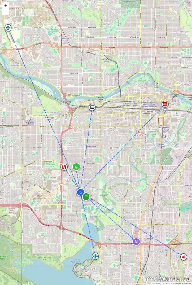 Daily accessibility map for 2010 45 AV SW, Calgary showing nearby schools, grocery stores, parks, LRT stations and nearby amenities