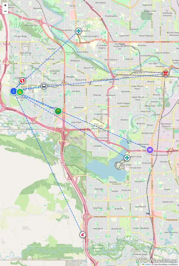 Daily accessibility map for 11 CORTINA WY SW, Calgary showing nearby schools, grocery stores, parks, LRT stations and nearby amenities