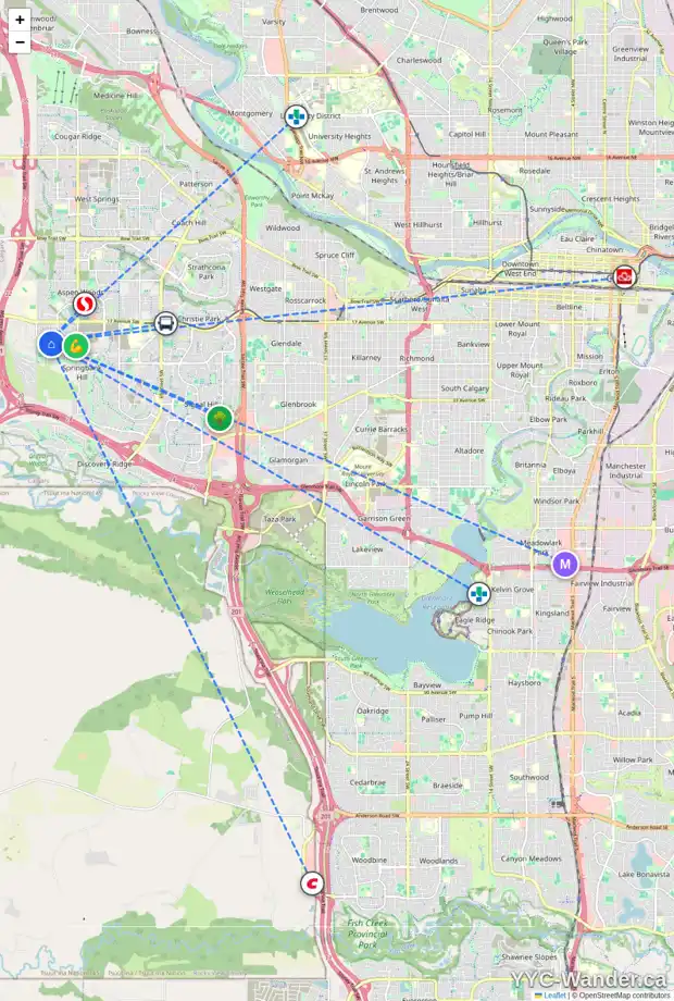 Daily accessibility map for 23 CORTINA WY SW, Calgary showing nearby schools, grocery stores, parks, LRT stations and nearby amenities
