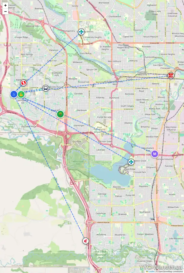 Daily accessibility map for 39 CORTINA WY SW, Calgary showing nearby schools, grocery stores, parks, LRT stations and nearby amenities