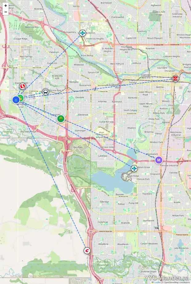 Daily accessibility map for 160 TREMBLANT WY SW, Calgary showing nearby schools, grocery stores, parks, LRT stations and nearby amenities