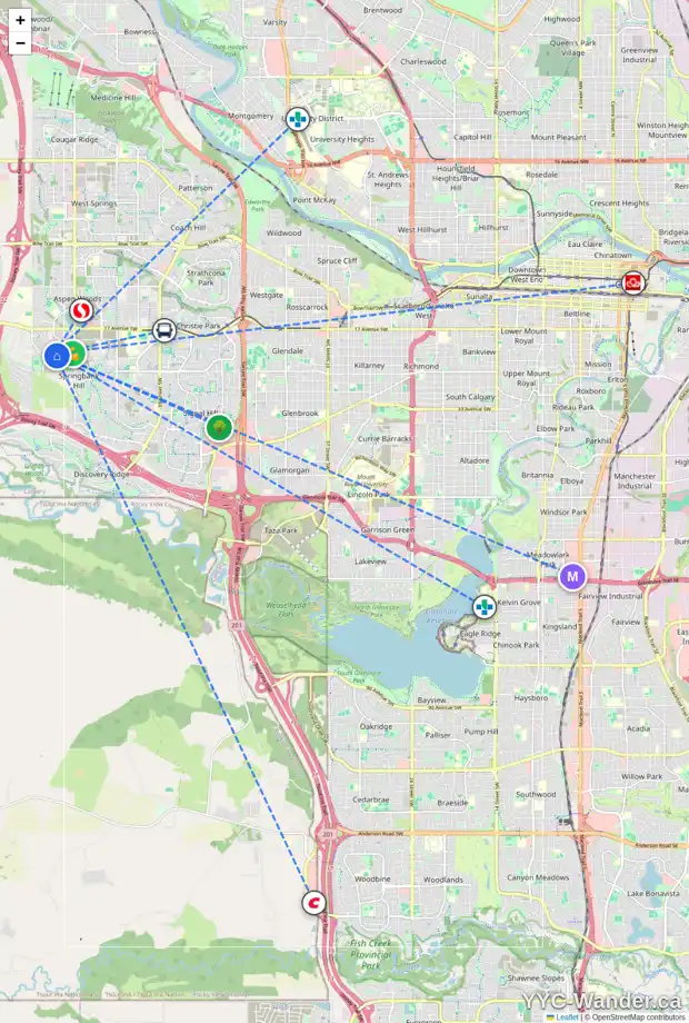 Daily accessibility map for 171 TREMBLANT WY SW, Calgary showing nearby schools, grocery stores, parks, LRT stations and nearby amenities