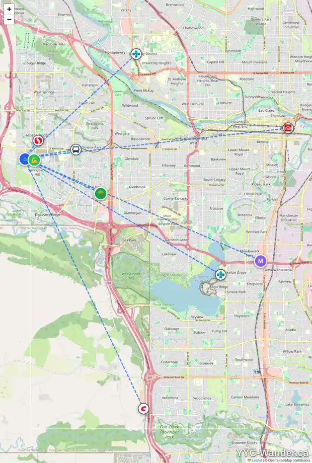 Daily accessibility map for 215 TREMBLANT WY SW, Calgary showing nearby schools, grocery stores, parks, LRT stations and nearby amenities