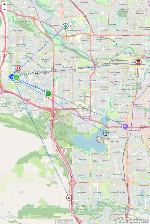 Daily accessibility map for 223 TREMBLANT WY SW, Calgary showing nearby schools, grocery stores, parks, LRT stations and nearby amenities