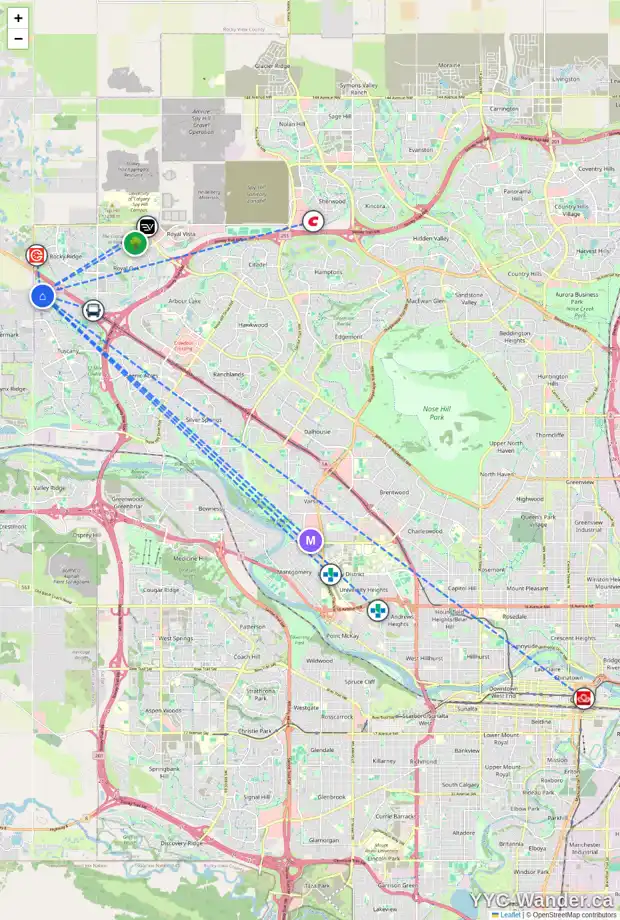 Daily accessibility map for 5 TUSSLEWOOD DR NW, Calgary showing nearby schools, grocery stores, parks, LRT stations and nearby amenities