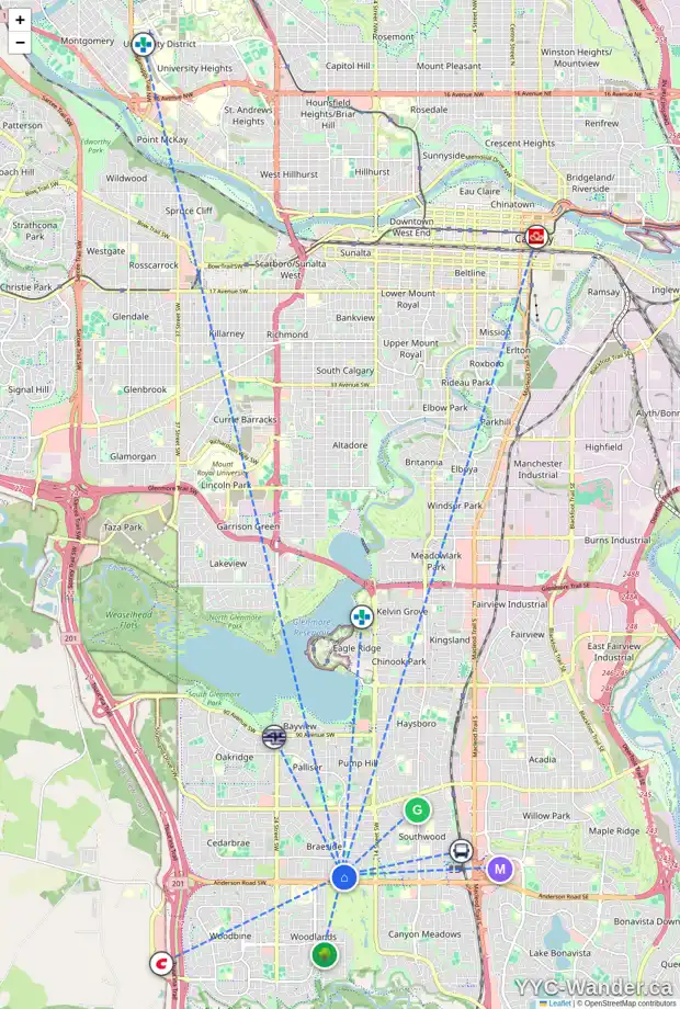Daily accessibility map for 56 11407 BRANIFF RD SW, Calgary showing nearby schools, grocery stores, parks, LRT stations and nearby amenities