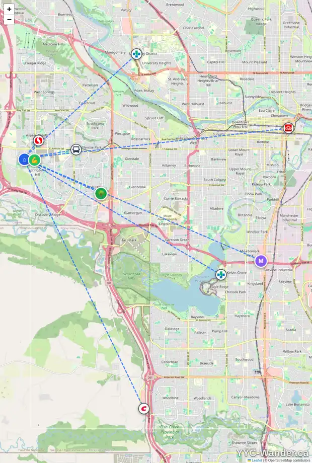 Daily accessibility map for 206 TREMBLANT PL SW, Calgary showing nearby schools, grocery stores, parks, LRT stations and nearby amenities