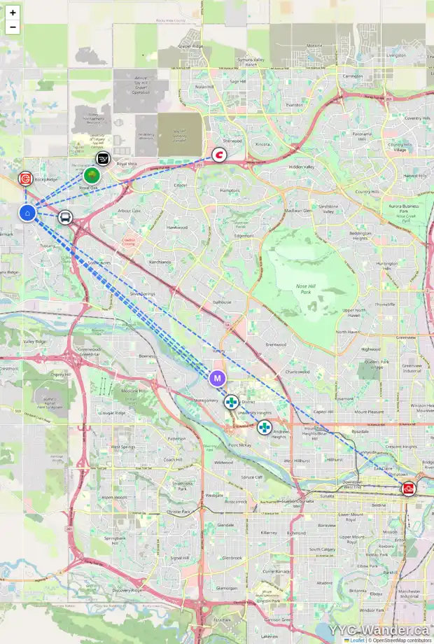 Daily accessibility map for 33 TUSCANY RESERVE PT NW, Calgary showing nearby schools, grocery stores, parks, LRT stations and nearby amenities