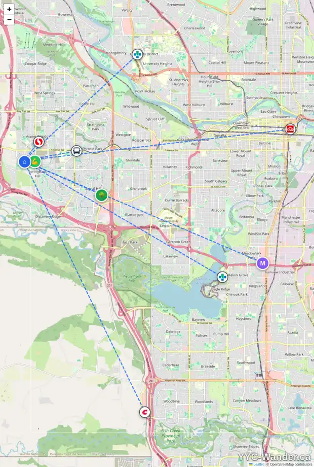 Daily accessibility map for 214 TREMBLANT PL SW, Calgary showing nearby schools, grocery stores, parks, LRT stations and nearby amenities