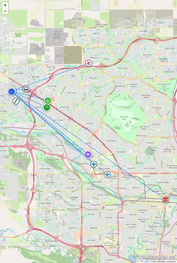 Daily accessibility map for 261 TUSCANY RESERVE RI NW, Calgary showing nearby schools, grocery stores, parks, LRT stations and nearby amenities