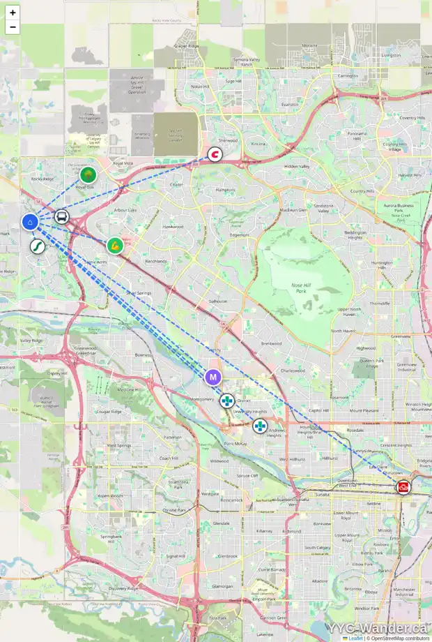 Daily accessibility map for 313 TUSCANY RESERVE RI NW, Calgary showing nearby schools, grocery stores, parks, LRT stations and nearby amenities