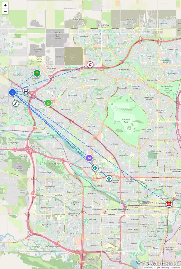 Daily accessibility map for 27 TUSCANY RESERVE GA NW, Calgary showing nearby schools, grocery stores, parks, LRT stations and nearby amenities