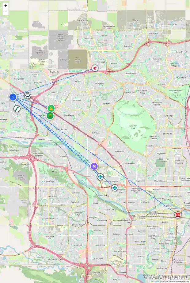 Daily accessibility map for 43 TUSCANY RESERVE GA NW, Calgary showing nearby schools, grocery stores, parks, LRT stations and nearby amenities