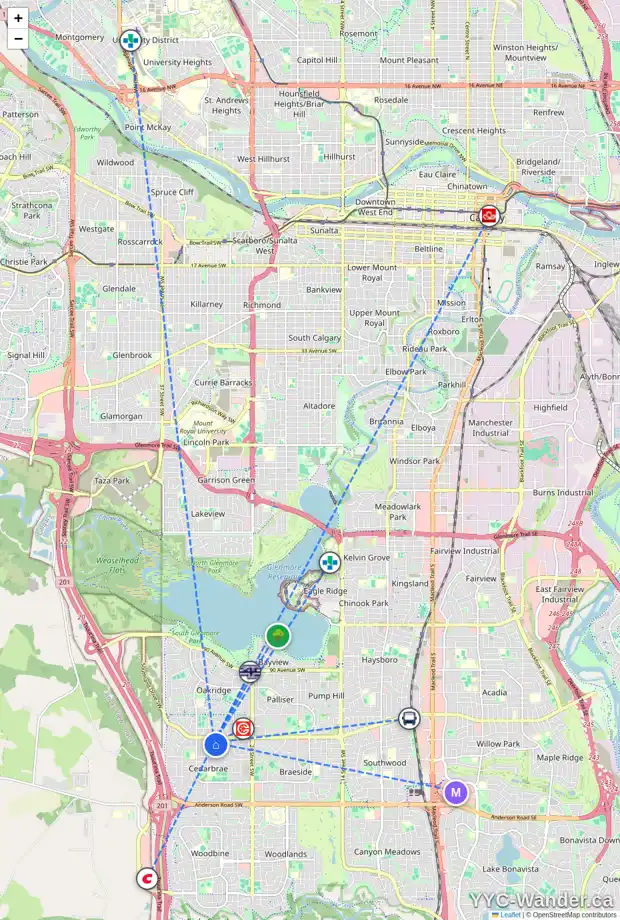 Daily accessibility map for 2815 CEDAR RIDGE DR SW, Calgary showing nearby schools, grocery stores, parks, LRT stations and nearby amenities