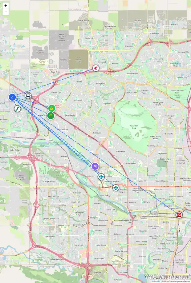 Daily accessibility map for 20 TUSCANY RESERVE GR NW, Calgary showing nearby schools, grocery stores, parks, LRT stations and nearby amenities