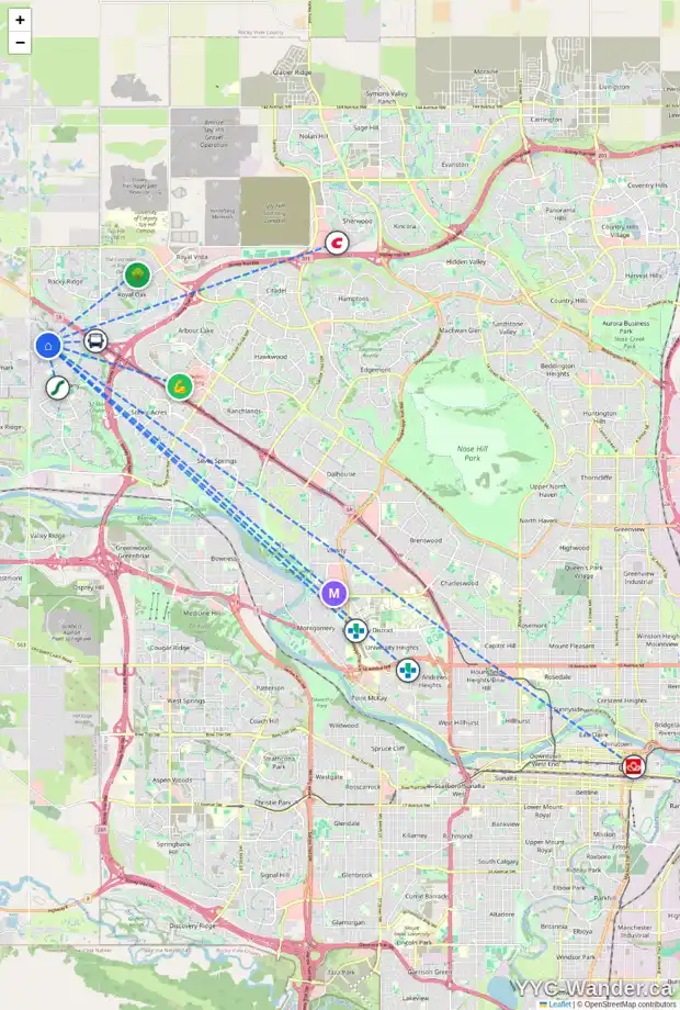 Daily accessibility map for 14 TUSCANY RESERVE GA NW, Calgary showing nearby schools, grocery stores, parks, LRT stations and nearby amenities