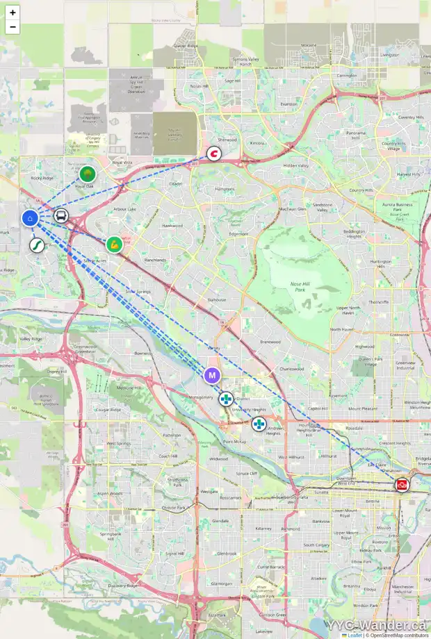 Daily accessibility map for 22 TUSCANY RESERVE GA NW, Calgary showing nearby schools, grocery stores, parks, LRT stations and nearby amenities