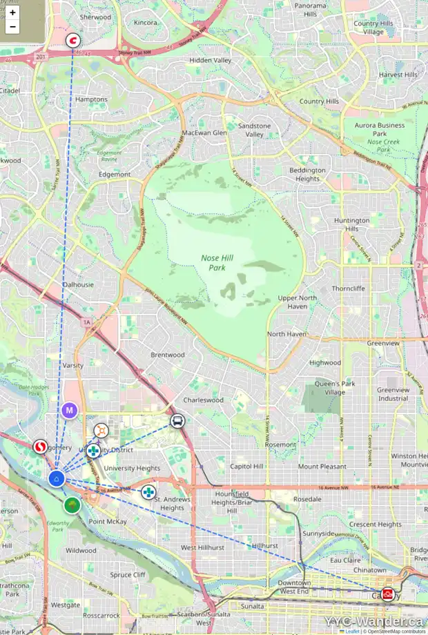 Daily accessibility map for 4534 MONTGOMERY AV NW, Calgary showing nearby schools, grocery stores, parks, LRT stations and nearby amenities