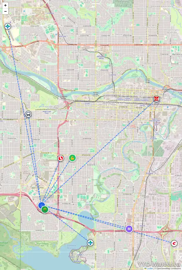 Daily accessibility map for 3105 DON ETHELL BV SW, Calgary showing nearby schools, grocery stores, parks, LRT stations and nearby amenities