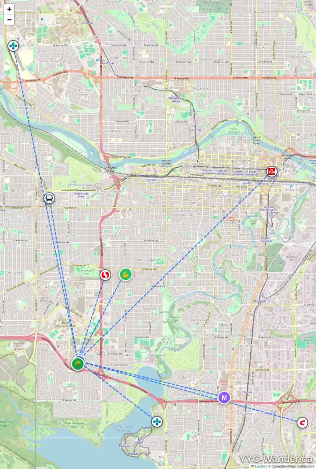 Daily accessibility map for 3010 DALLAIRE AV SW, Calgary showing nearby schools, grocery stores, parks, LRT stations and nearby amenities