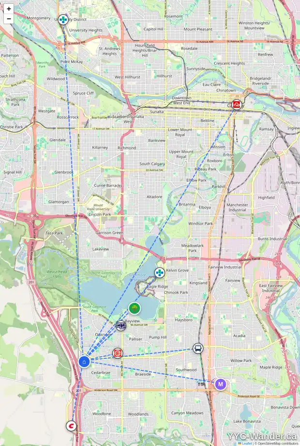 Daily accessibility map for 252 CEDARILLE GR SW, Calgary showing nearby schools, grocery stores, parks, LRT stations and nearby amenities