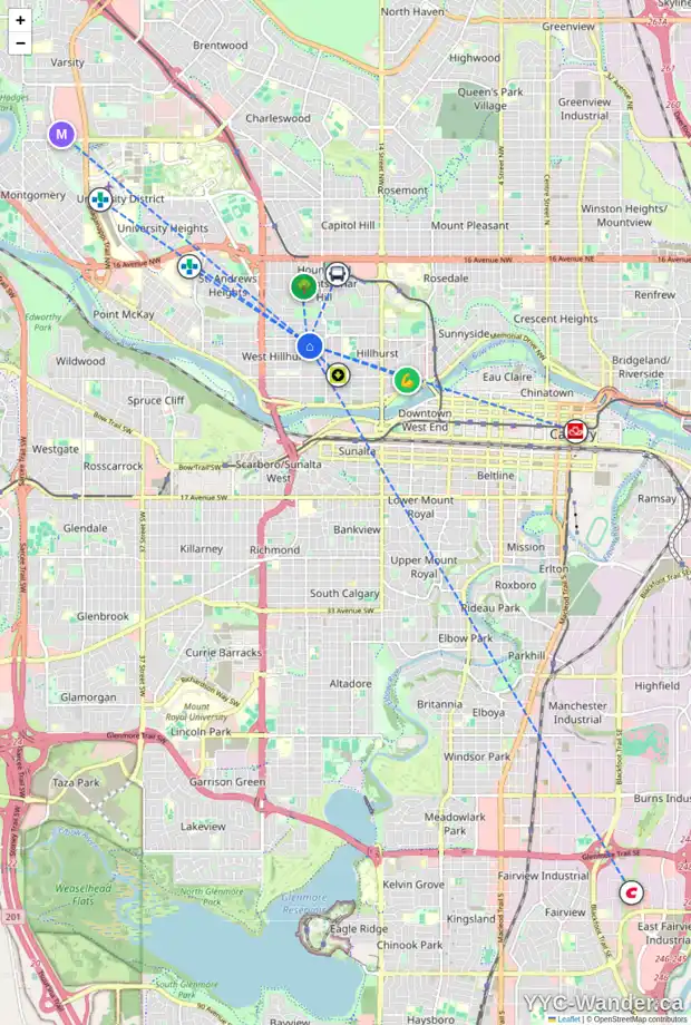 Daily accessibility map for 4 2120 4 AV NW, Calgary showing nearby schools, grocery stores, parks, LRT stations and nearby amenities