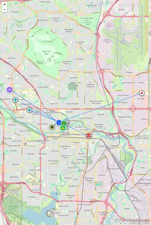 Daily accessibility map for 404 429 14 ST NW, Calgary showing nearby schools, grocery stores, parks, LRT stations and nearby amenities