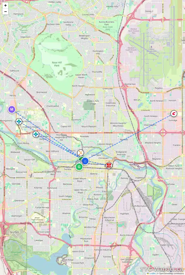 Daily accessibility map for 2005 920 5 AV SW, Calgary showing nearby schools, grocery stores, parks, LRT stations and nearby amenities