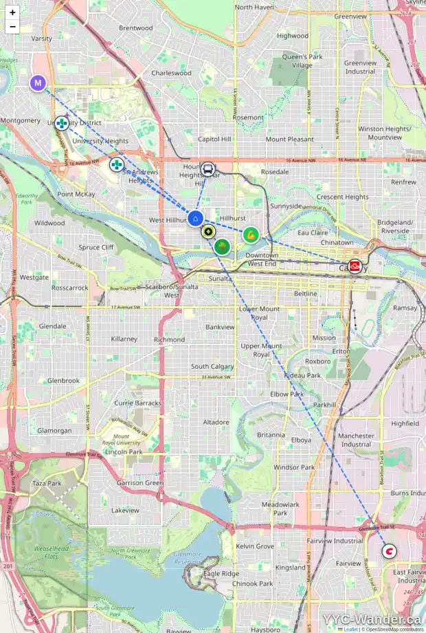 Daily accessibility map for 2036 3 AV NW, Calgary showing nearby schools, grocery stores, parks, LRT stations and nearby amenities