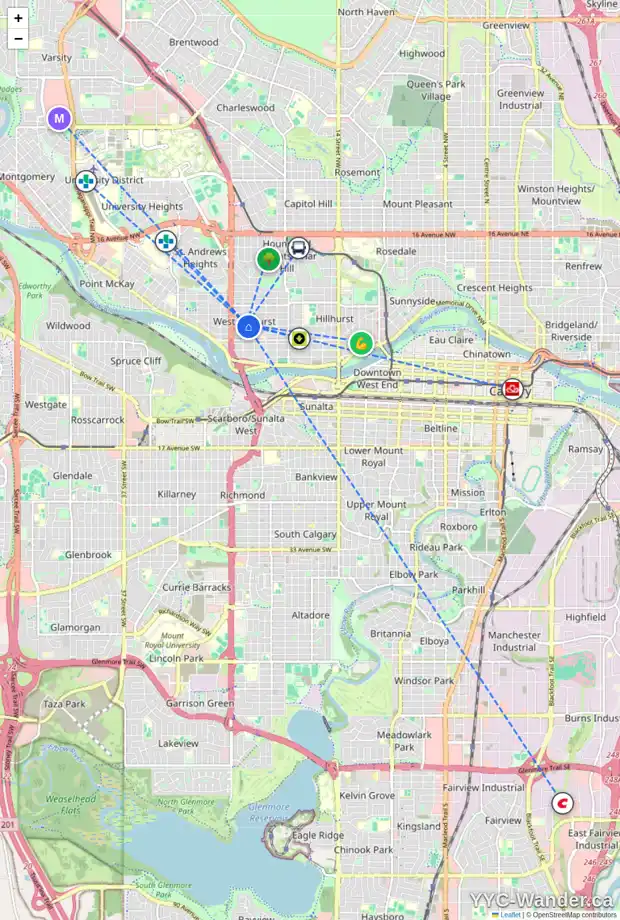 Daily accessibility map for 1 2328 2 AV NW, Calgary showing nearby schools, grocery stores, parks, LRT stations and nearby amenities