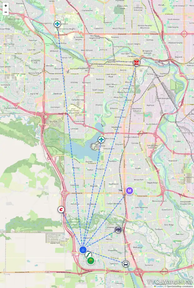 Daily accessibility map for 68 EVERRIDGE CM SW, Calgary showing nearby schools, grocery stores, parks, LRT stations and nearby amenities