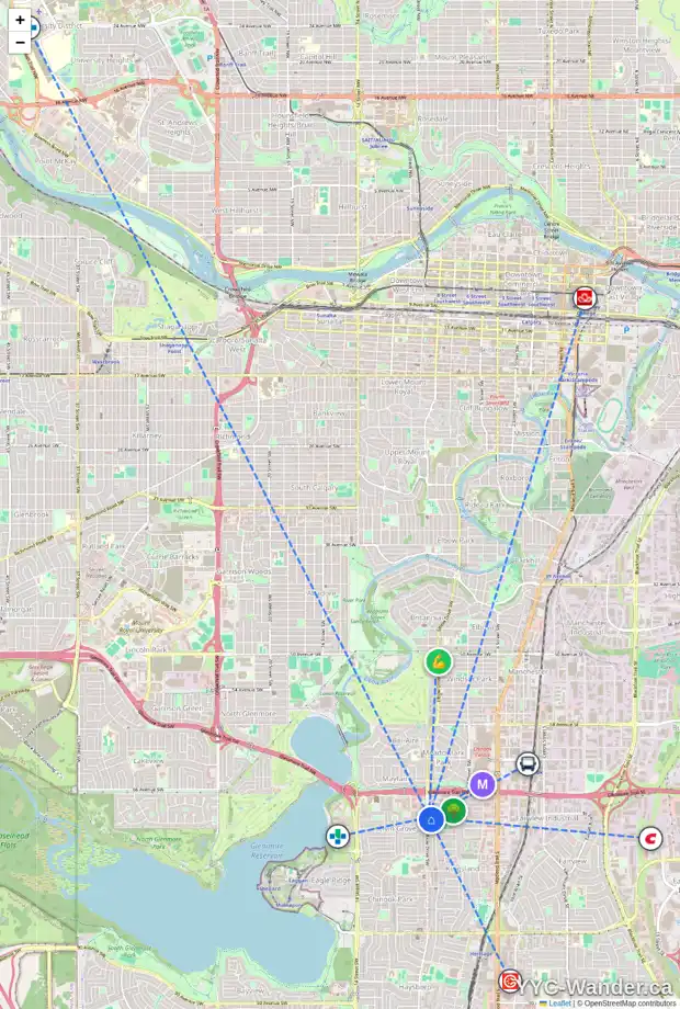 Daily accessibility map for 6916 ELBOW DR SW, Calgary showing nearby schools, grocery stores, parks, LRT stations and nearby amenities